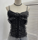 Shooting Do The Old Fur Side Of The Denim Splicing Pu Skin Lace Sling Vest Short Without Sleeve Top