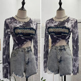 Shooting Hottie Perspective Dye Mesh Spliced Denim Long-Sleeved Shirt T-Shirt T-Shirt
