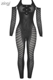 Sheer Diamonds Sexy Hollow Jumpsuits Women Long Sleeve Off Shoulder Skinny Workout Female Midnight Party