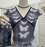 Sexy Hottie V-Neck Butterfly Print Short-Sleeved T-Shirt Slime Short-Navel Net T-Shirt Girl