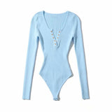 Long-Sleeved V-Neck Buckle Autumn And Winter T-Shirt Hottie T-Shirt Girl Solid Color Bottom Sexy Blouse