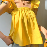 Women Kawaii Solid French Style All-match Casual Summer Ruffles Fashion Basic Teenagers Simple Crop Tops Newest Girls