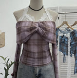 Hanging Neck Shoulder Mesh Yarn Long-Sleeved Top Design Y2k Short Repair T-Shirt