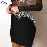 New Rhinestone Decor Sheer Mesh Long Sleeve Black Mini Bodycon Halter Dress Women Fashion See Through Glitter Sexy