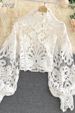 Lace Hollow Out Short Blouse Casual Lantern Long Sleeve Stand Collar Shirts Female Elegant Red/Pink/White Loose Tops