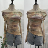 Shooting Design Dizzling A Word On The Shoulder Of The Women's Net Exposed Shoulder Long Sleeves Irregularly Folded Short T-Shirt