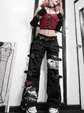 Cloth Forget Autumn Dark Black Personality Street Pocket Open Fork Straight Pants Print Casual Denim Hanging