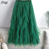 3 Layers Midi Long Tulle Skirt Women 2023 Summer Korean Fashion Elegant Ruffles High Waist Pleated A Line Skirt