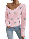 And Winter Valentine's Day Design Slid Love Embroidery V Collar Sweater Female