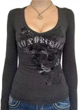 Old Letter Print Knitting V-Neck T-Shirt For Women's New Knitted Long-Sleeved