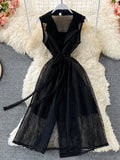 Black/White Hollow Out Lace Dress Women Sexy Notched Collar Sleeveless High Waist A-Line Vestidos Elegant 2023