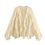 New Women's Fashion Cascade Decoration Fashion Chiffon V-Neck Long-Sleeved