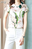 Women Blouse 2023 Summer Floral Women Top Bow Elegant Blouses Satin Ladies Tops Fashion Women Clothing Basic Short Sleeve