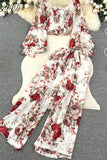 Women Floral Printed Two Piece Set Sexy Square Collar Lantern Sleeve Short Tops + Wide Leg Pants Suit Vacation Beach