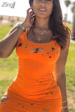 Out Holes 2023 Sexy Women Summer Dress Tie Dyeing Print Bodycon Mini Dress Beach Clubwear Sleeveless Short Pencil