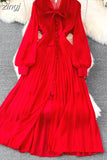Vintage Women Long Dress Elegant Bow Collar Lantern Sleeve Single Breasted Pleated Maxi Vestidos Female Red/Purple