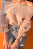 Shouder Top Women Mesh Blouse Korean Style Long Sleeve Woman Blouses Fashion Ladies Tops 2023 Blusas