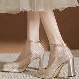 Thick With New Mary Jane Crystal Shoes A Word Button Wedding Shoes Bride Shoes Small Square Head High Heels