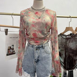 Not Sultry Hot Tie Dye Net Yarn Long-Sleeved T-Shirt Drawstring Tethered With Short-Sized T-Shirt Horn Sleeve Top