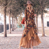 Queens Women Floral Print Long Sleeve Irregular Hem Beach Bohemian Maxi Dress Ladies Boho Sundress Robe Vestidos 211-1-Outfit