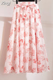 Women Summer Floral Print Chiffon Girls Spring Korean A-Line High Waist Ladies Elegant Office Holiday Midi