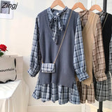 Style Sets Women Retro Plaid Mini Pleated Dress Knitted Vest Spring Autumn Elegant Korean Outfits Sweet Vintage