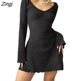 Women Solid Color Ribbed Long Sleeve V-Neck Slim Fit Party Mini Dress Fashion Spring Autumn Slim A-Line