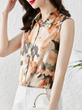 Satin Women's Silk Blouse Shirt Sleeveless Women Shirts Blouses Polo-Neck Chiffon Print Laides Tops Summer Vintage