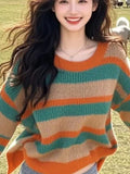 Retro Stripes Loose Lazy Sweater Knitted Women's 2025 New Winter Korean Wear Top
