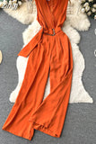 Vintage V-Neck Wide Leg Jumpsuits Women Elegant Red/Green/Orange Sleeveless High Waist Romper With Belts New Fashion