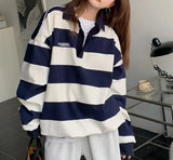 Vintage Polo Collar Striped Oversized Tee-Outfit