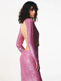 Shiny Sequins Hollow Backless Long Dress Elegant O-Neck Long Sleeve Flower Buckle Design Slim Dress Party Cocktail