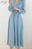 V-neck Puff Sleeve A-line Maxi Dresses for Woman Women Solid Color Midi Robe Korean Office Dresses Elegant Spring