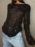 Vintage White Ripped Hole Grunge Sweater Women Casual Loose Jumper Solid Long Pullovers Knitted Hollow Out