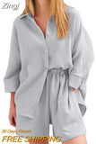 Women's 2 Piece Casual Outfits Loungewear Set Loose Comfy Long Sleeve Button Down Shirt + Elastic Waist Mini Shorts