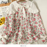 Flower Print Blouse Women Japanese Sweet Peter Pan Collar Long Sleeve Shirt Spring Korean Preppy Style Casual Female