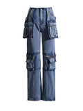Zingj 2024 New Fashion High Street Design Sense Pocket Stitching Tooling Wind High Waist Straight Tube Denim Warehouse Pants