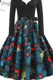 Women Elegant Vintage Christmas Party Dress Long Sleeve V Neck High Waist Casual Midi Xmas Winter Clothing S~3XL