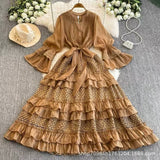 Retro Court Hollow Lace Splicing Horn Sleeve Dress Female Waist Temperament Over Knee Cake Long