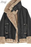 Faux Fur Coat Women Leather Jacket Autumn Winter Warm Plush Thick Outerwear Ladies Wool Fur Collar Zipper Basic