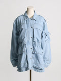 Zingj 2024 New Fashion Multi-Pocket Design Sense Waist Show Thin Long Work Style Denim Coat