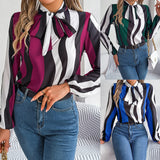 Shooting Spring And Summer New Temperament Striped Striped With Lantern Sleeve Chiffon Shirt Women's