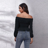 Long Sleeve White Shirt Casual Chiffon Blouse Sweet Front Tie Back Rubber Band Pleated Slash Neck Tops Elegant New