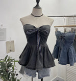 Real Shot With Chest Cushion Denim Sling Vest With Bow Hanging Neck Short Twiping Boat Blouse Woman