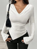 And Summer New V-Neck Open Shoulder Two-Wear Design Embody Wrinkles Irregular Long-Sleeved