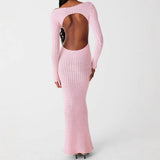 Women's Dress Sexy Hollow Bare Back Wool Dress Long Sleeve Cover Round Pink Long