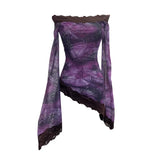 Leopard Print Lace Spliced Double-Layer Mesh Shoulder Irregular Loudspeaker Top