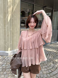 Xixi 2025 Autumn White Label Thin Temperament Lotus Leaf V Collar Chiffon Shirt Long-Sleeved Little Shirt Women