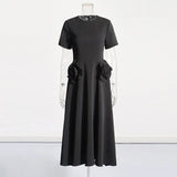 A-Word Long Dress 2025 Spring New Fashion Temperament Round-Neck Waist Thin Flowers Splicing Design Design Dress Dress