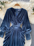 Women Blue Draped Velvet Long Dress Elegant V-Neck Lantern Sleeve High Waist Party Robe Female Autumn Winter 2023 New